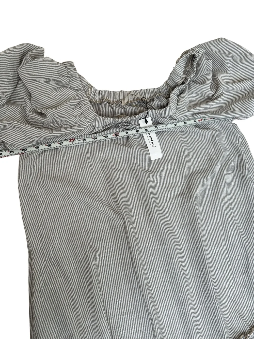 Three Bird Nest Solace Ruffled Hem Dress Beige Striped Puff Sleeve Boho Small - Picture 11 of 12